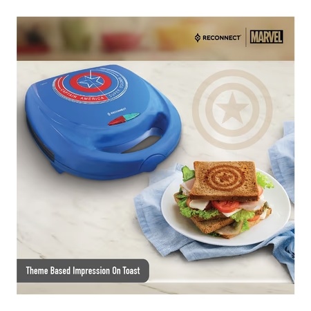 Reconnect Captain America Sandwich Maker with Theme Impression, Non-Stick Plates, Cool Coating for Burn-Free Touch, Heat-up Light Indicator, Lid Lock, Compact Vertical Storage, 2 Years Warranty