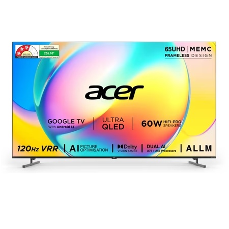 Acer 163.8 cm (65 inch) Super Series 4K UHD Smart QLED Google TV with Android 14 (Black), AR65QDXGU2875AT