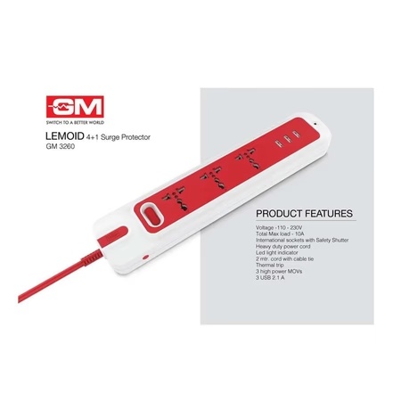 GM LEMOID 4+1 Spike Guard With 3 USB 2.1 A