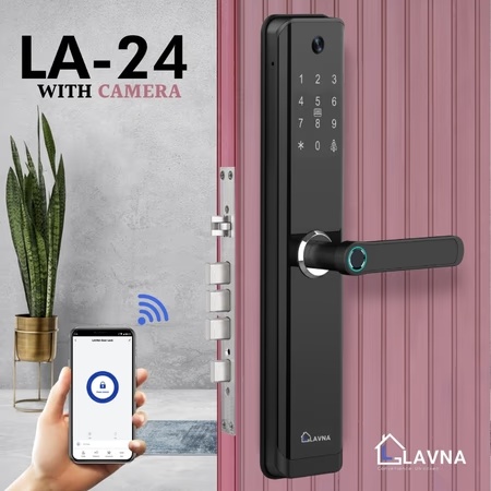 LAVNA LA24 Smart Wi-Fi Camera Door Lock with 7 Way Access, Black (5 Bolts wooden door lock)