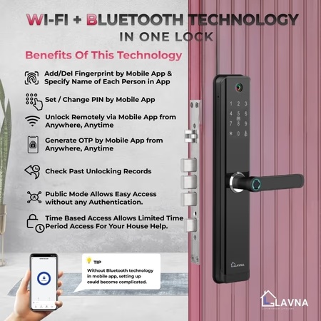 LAVNA LA24 Smart Wi-Fi Camera Door Lock with 7 Way Access, Black (5 Bolts wooden door lock)