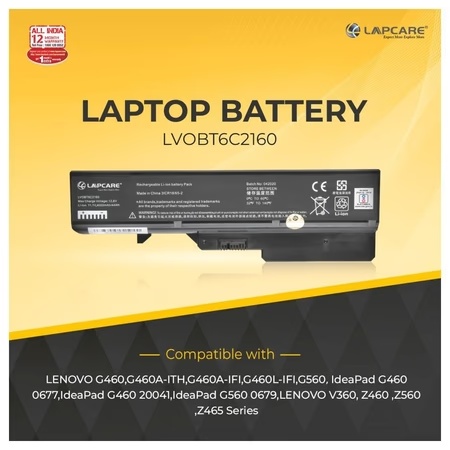 Lapcare 6-Cell 4000 mAh 11.1V Laptop Battery Designed for Lenovo G460 6C (LVOBT6C2160) 6 Lapcare 6-Cell 4000 mAh 11.1V Laptop Battery Designed for Lenovo G460 6C (LVOBT6C2160)