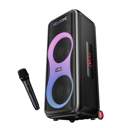 boAt PartyPal 600 Party Speaker with 220 W boAt Signature Sound, Dynamic Pixels with Animated Text Display, Wireless Microphone, Up to 7 hours of Playtime, TWS for Double Impact (Premium Black)