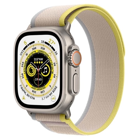 Apple Watch Ultra GPS + Cellular, 49mm Titanium Case with Yellow/Beige Trail Loop - S/M, Precision dual-frequency GNSS: GPS, GNSS, Galileo, BeiDou, 86-decibel Siren to attract attention, Altimeter, Accelerometer, Optical Heart Sensor, Gyroscope