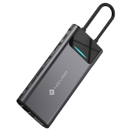 Novoo 12-in-1 Pro USB-C Hub with 4 USB-A Port, USB-C PD Port, 2 HDMI Port, SD Card and TF Slot, VGA Port, Ethernet Port, Audio Port, Dark Grey