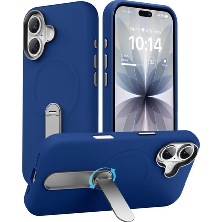 Vaku Luxos Zayro Magpro Leather Design Mobile Case with 360 Degree Rotating Metal Stand for Apple iPhone 17, Navy Blue