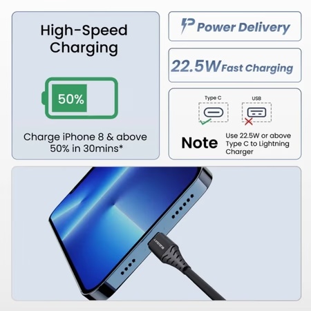 Ambrane Type-C to Charging Lightning Cable, Black, ABTL-125