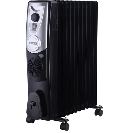 Usha 4211 F PTC Oil Filled Radiator, 2500 W, 11 Fins, 3 Heat Settings, Adjustable Thermostat, Built-in Fan, Overheat and Tip-Over Protection, Caster Wheels, Black