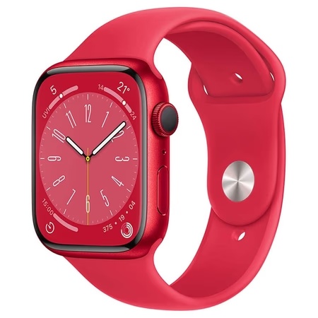 Apple Watch Series 8 GPS 45mm RED Aluminium Case with (PRODUCT)RED Sport Band, Water resistant 50 metres, Dust resistant (IP6X), Fast charge, 3rd-gen optical heart sensor, Emergency SOS, Crash Detection, Fall Detection