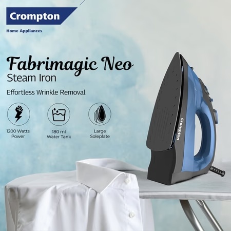 Crompton Fabrimagic Neo 1200 Watts Steam Iron with 180 ml water tank, Blue and Black