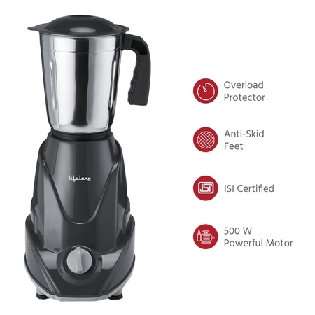 Lifelong Infinia 500W 3 Jars Mixer Grinder, Grey