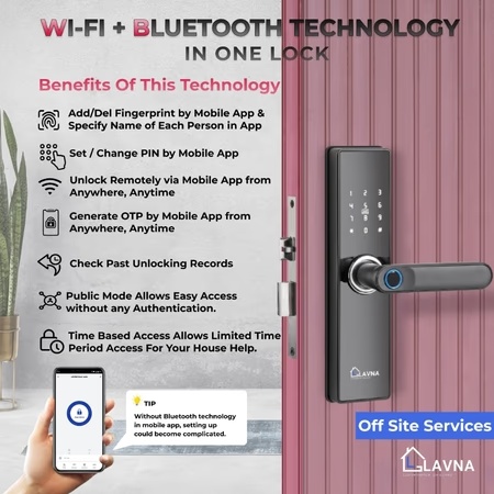 LAVNA LA16 Smart Wi-Fi and Bluetooth Door Lock with 7 Way of Access (2 Bolts Wooden Door Lock)