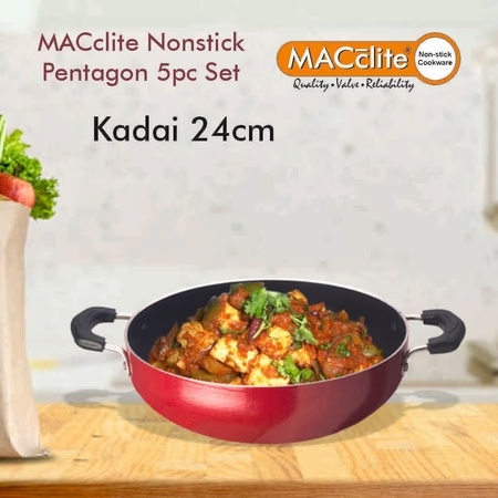 Macclite 5 Piece Pentagon Non Stick Cookware Set - Dosa Tawa, Frying Pan, Kadai with Lid, 2 x Lip Mini Fry Pan