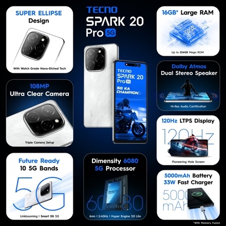 Tecno Spark 20 Pro 5G 128 GB, 8 GB RAM, White, Mobile Phone 8 Tecno Spark 20 Pro 5G 128 GB, 8 GB RAM, White, Mobile Phone