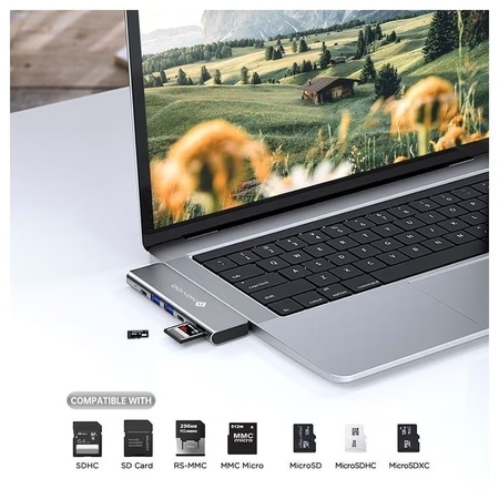Novoo 7-in-2 USB-C Hub with 2 USB 3.0 Port, 2 USB-C PD Port, SD Card and microSD Card Slot, HDMI Port, Dark Grey 2 Novoo 7-in-2 USB-C Hub with 2 USB 3.0 Port, 2 USB-C PD Port, SD Card and microSD Card Slot, HDMI Port, Dark Grey