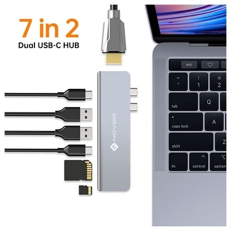 Novoo 7-in-2 USB-C Hub with 2 USB 3.0 Port, 2 USB-C PD Port, SD Card and microSD Card Slot, HDMI Port, Dark Grey 4 Novoo 7-in-2 USB-C Hub with 2 USB 3.0 Port, 2 USB-C PD Port, SD Card and microSD Card Slot, HDMI Port, Dark Grey