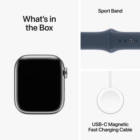 Apple Watch Series 9 GPS + Cellular 41mm Silver Stainless Steel Case with Storm Blue Sport Band - M/L 10 Apple Watch Series 9 GPS + Cellular 41mm Silver Stainless Steel Case with Storm Blue Sport Band - M/L