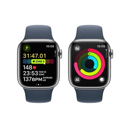 Apple Watch Series 9 GPS + Cellular 41mm Silver Stainless Steel Case with Storm Blue Sport Band - M/L 8 Apple Watch Series 9 GPS + Cellular 41mm Silver Stainless Steel Case with Storm Blue Sport Band - M/L