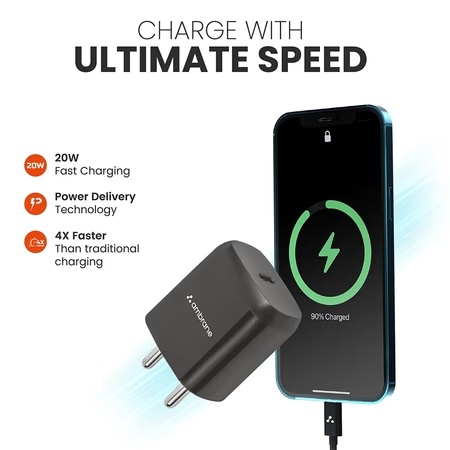 Ambrane RAAP M20 Wall Charger with 20 Watts Boosted Speed (Black)