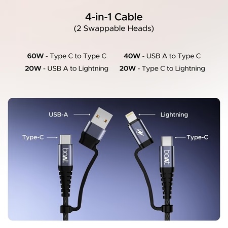 boAt FlexiCharge 400 4-in-1 Charging Cable, Carbon Black 4 boAt FlexiCharge 400 4-in-1 Charging Cable, Carbon Black