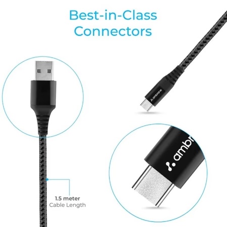 Ambrane 150 cm (1.5 m) Unbreakable 3 A Fast Charging Braided Type-C Cable (Black, BC-T-15)