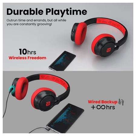 Portronics Muffs M1 Wireless Headphone with Mic, Powerful Bass, Red 6 Portronics Muffs M1 Wireless Headphone with Mic, Powerful Bass, Red