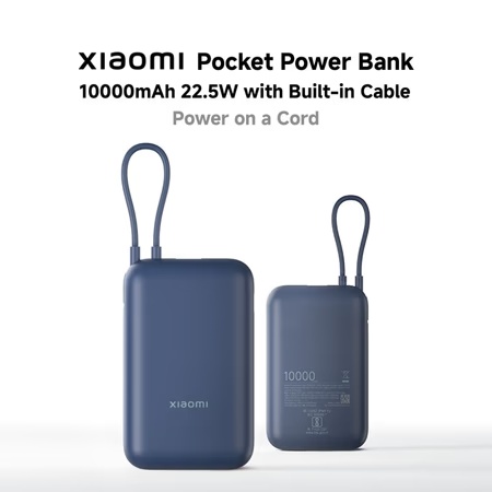 Xiaomi Pocket 10000 mAh Power Bank with Built-in Cable, Blue, P15ZM