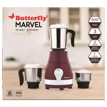 Butterfly Marvel 500W 3 Jars Mixer Grinder, 3 Speed Control, Cherry Red