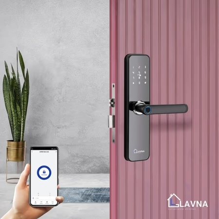 LAVNA LA28 Smart Wifi Door Lock with 7 Way of access, Black, (2 Bolts wooden door lock)