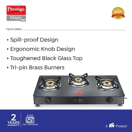 Prestige Magic Plus Glass Top 3 Burner Gas Stove, GTMP 03 3 Prestige Magic Plus Glass Top 3 Burner Gas Stove, GTMP 03