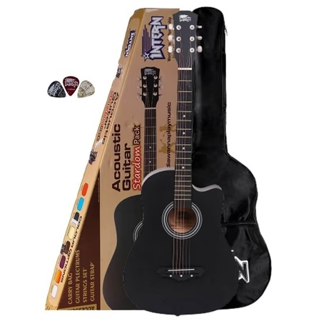 Intern INT-38C-LGP-BK Acoustic Guitar with Bag, Strap and Picks (Black)