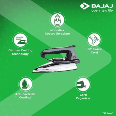 Bajaj DX 2, 600 Watts, Light Weight Dry Iron, Black