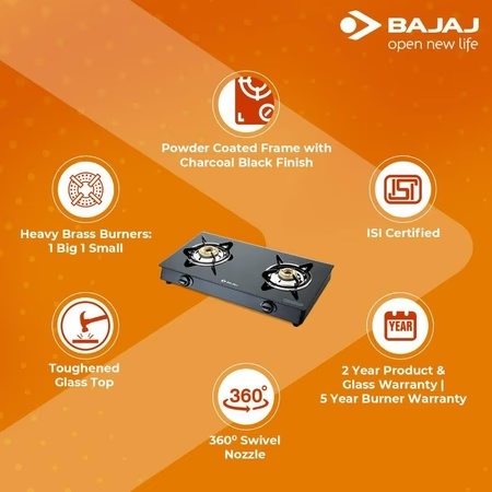 Bajaj GP6, 2 Burner Powder Coated Glass Gas Stove, Black