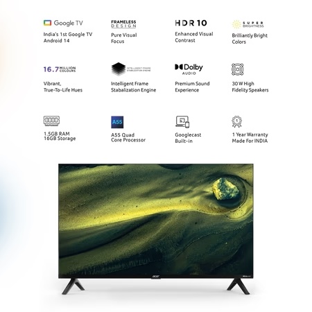 Acer 80.01 cm (32 inches) HD Smart LED Google TV with Andriod 14, Black, L Series, AR32HDLGU2841AT
