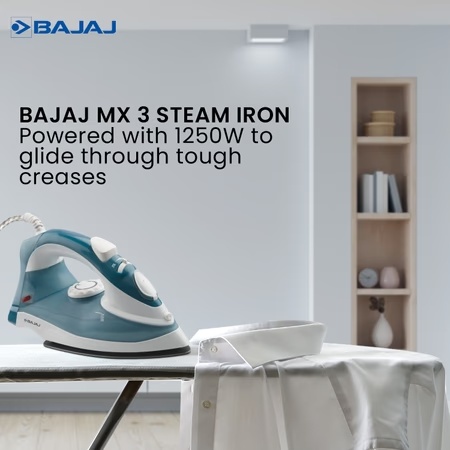 Bajaj MX 3 Neo, 1250 Watts, Steam Iron,180 ML WaterTank, Blue and White