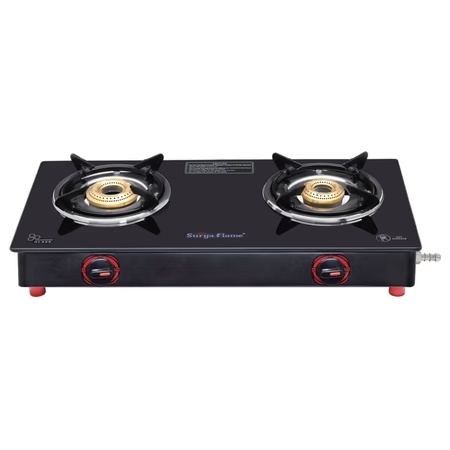 Suryaflame Shine 2 Burner Glasstop Cooktop, Manual Ignition, Black