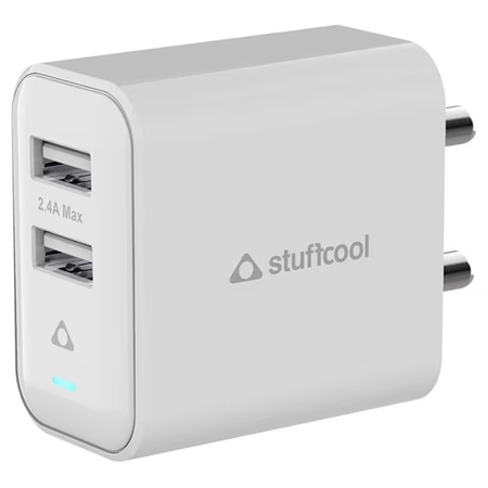 Stuffcool 2.4 Amp Fast Charging USB Charger with USB Type-C Cable, Dual USB Port, Auto Detect Smart IC, 150 cm (1 m) Length, Compatible with all USB Type-C port phones and tablet, White