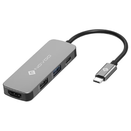 Novoo 4-in-1 USB-C Hub with USB 2.0 Port, USB 3.0 Port, USB-C PD Port, HDMI Port, Dark Grey