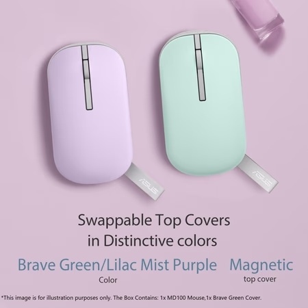 Asus Marshmallow MD100 Wireless Mouse, Lilac Mist Purple, (Brave Green cover also included)