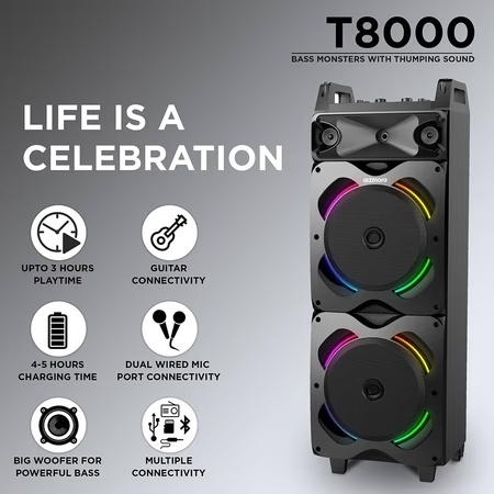 Gizmore GIZ T8000 80 Watt True Wireless Tower Speaker with Wireless MIC and Remote Control (Black)