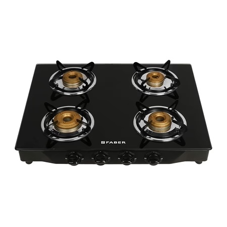 Faber JUMBO 4BB Glass Top Kitchen Hob with 4 Brass Burners, Manual Ignition, Black