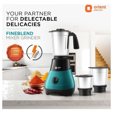 Orient Electric Fine Blend 500W 3 Jars Mixer Grinder, 3 Speed Control, Blue and Black 2 Orient Electric Fine Blend 500W 3 Jars Mixer Grinder, 3 Speed Control, Blue and Black