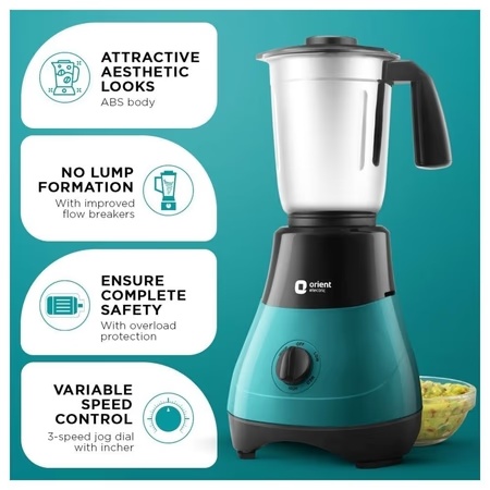 Orient Electric Fine Blend 500W 3 Jars Mixer Grinder, 3 Speed Control, Blue and Black 3 Orient Electric Fine Blend 500W 3 Jars Mixer Grinder, 3 Speed Control, Blue and Black