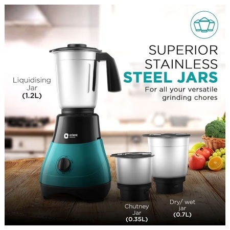 Orient Electric Fine Blend 500W 3 Jars Mixer Grinder, 3 Speed Control, Blue and Black 4 Orient Electric Fine Blend 500W 3 Jars Mixer Grinder, 3 Speed Control, Blue and Black