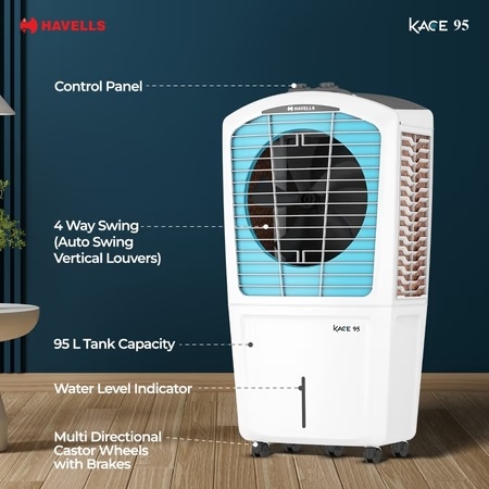 Havells Kace 95 GHRACAMB008 Desert Air Cooler with 95 Litres Capacity, White and Blue 2 Havells Kace 95 GHRACAMB008 Desert Air Cooler with 95 Litres Capacity, White and Blue