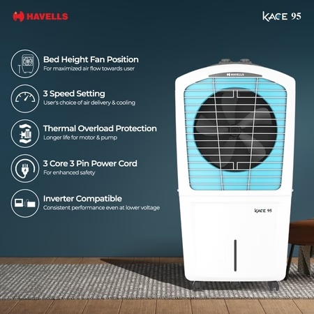 Havells Kace 95 GHRACAMB008 Desert Air Cooler with 95 Litres Capacity, White and Blue 5 Havells Kace 95 GHRACAMB008 Desert Air Cooler with 95 Litres Capacity, White and Blue