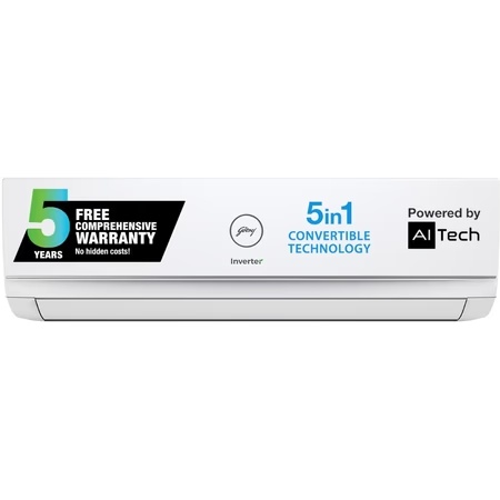 Godrej 1.5 Ton 3 Star 5-in-1 Convertible Inverter Split AC, 18TTC3-W (i-Sense Feature, Hidden display in IDU, Acoustic Jacket on Compressor, Hydrophilic Blue Fins)
