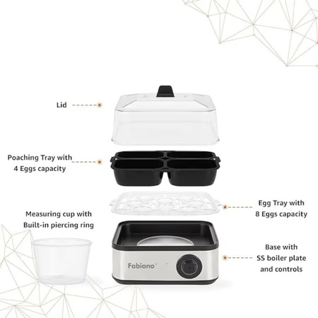 Fabiano Stainless Steel Egg Boiler, 3 Boiling Modes, Upto 8 Egg Capacity
