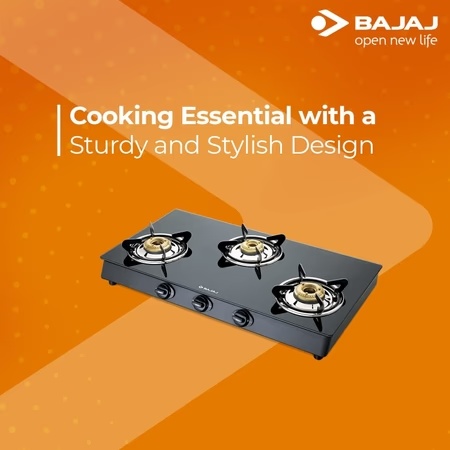 Bajaj GP6, 3 Burner Powder Coated Glass Gas Stovey, Black