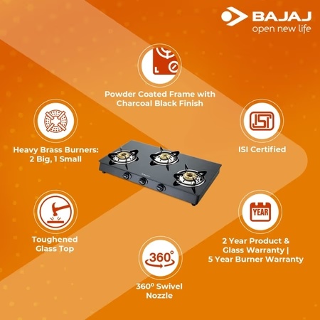 Bajaj GP6, 3 Burner Powder Coated Glass Gas Stovey, Black